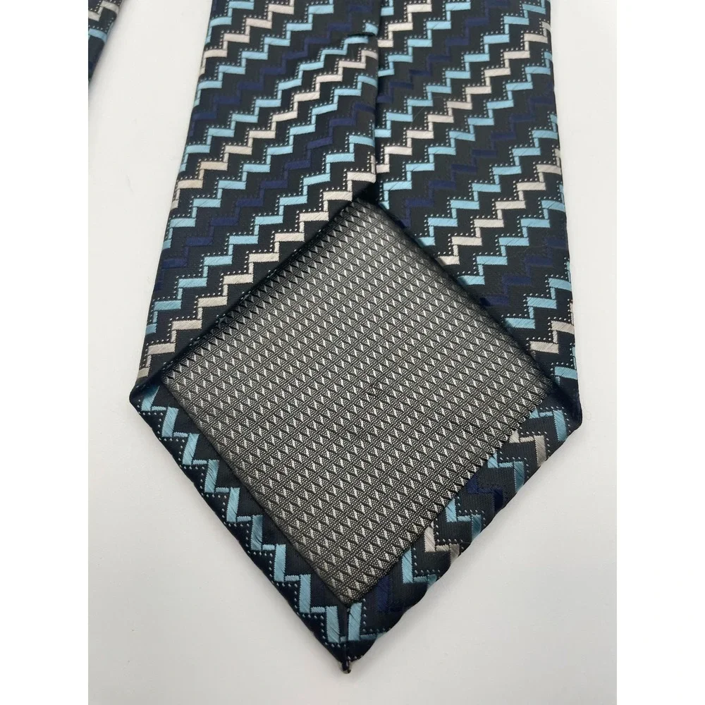 Colours Alexander Julian Mens Tie Blue Navy Silver Zig Zag Geometric Hand Made